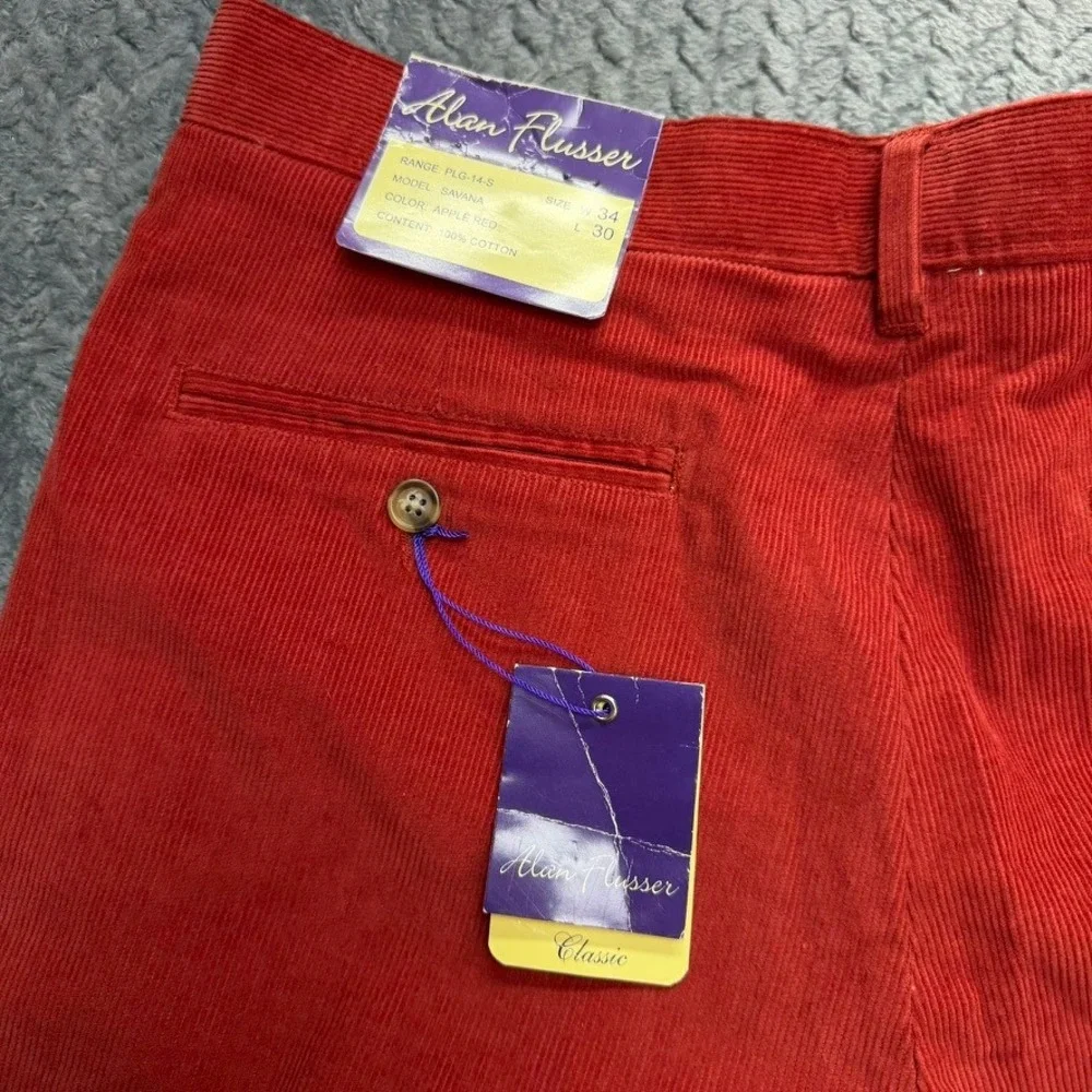 Alan Flusser Pants Mens 34x29 Red Corduroy Pleated Savana Straight NWT Vintage